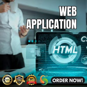 May include: A laptop screen displaying HTML code with the text "HTML" in a blue circle. The text "WEB APPLICATION" is in large white letters above the laptop screen. The text "ORDER NOW!" is in white letters below the laptop screen.