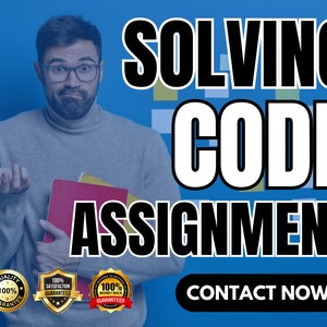 Könnte beinhalten: Ein Mann mit Bart und Brille hält einen Stapel Bücher. Der Text auf dem Bild lautet "Solving Code Assignment" und "Contact Now!" mit drei 100% Garantie-Abzeichen.