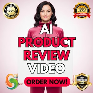 May include: A person in a pink tracksuit holds a sign with the text "AI PRODUCT REVIEW VIDEO ORDER NOW!". The image includes gold seals with text: "QUALITY 100% GUARANTEE", "100% MONEY BACK GUARANTEED", and "100% SATISFACTION GUARANTEED".