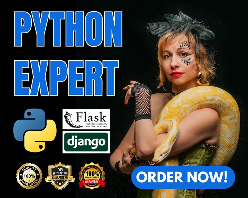 Może przedstawiać: Kobieta w czarnej sukience i czarnym kapeluszu trzyma ż&oacute;łtego węża. Obraz zawiera tekst "PYTHON EXPERT", "Flask", "django", "JAKOŚĆ 100% GWARANTOWANA", "100% SATYSFAKCJI GWARANTOWANE", "100% GWARANCJI ZWROTU PIENIĘDZY" i "ZAM&Oacute;W TERAZ!"
