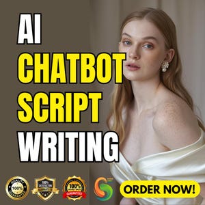 Puede incluir: Un gráfico amarillo y blanco con el texto "AI Chatbot Script Writing" y las palabras "¡Pide ahora!" en un cuadro amarillo. Hay tres círculos amarillos y negros con el texto "100% Garantizado" y un círculo verde con una letra "S" estilizada en el centro.
