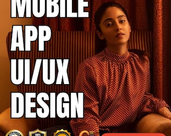 Könnte beinhalten: Eine Person trägt eine langärmelige Bluse mit hohem Kragen und einem kleinen weiß-roten geometrischen Muster. Das Bild enthält den fetten weißen Text MOBILE APP UI/UX DESIGN, drei goldene Qualitätsabzeichen und einen orangefarbenen Button ORDER NOW!