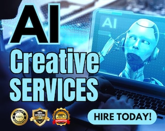 May include: A laptop computer with a blue screen displaying the word "AI" and a robot face. The text "AI Creative Services" is in large, bold letters on the screen. Below the laptop is a blue button with the text "HIRE TODAY!" and three gold badges with the text "100% Guaranteed".