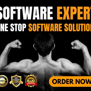 Op de afbeelding: Een gespierde man met zijn armen omhoog in een flexende pose. De tekst "SOFTWARE EXPERT" en "ONE STOP SOFTWARE SOLUTION" staat bovenaan de afbeelding. Er zijn drie gouden badges met de tekst "100% GUARANTEED" en een gele knop met de tekst "ORDER NOW".