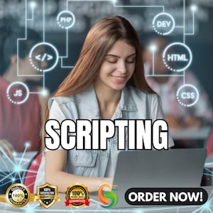 Op de afbeelding: Een vrouw werkt op een laptop met het woord "SCRIPTING" in grote letters erboven. De afbeelding bevat ook pictogrammen voor verschillende programmeertalen, waaronder JavaScript, HTML, CSS, PHP en DEV. De tekst "ORDER NOW!" staat onderaan de afbeelding.