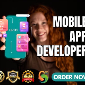 Puede incluir: Una mujer sosteniendo un teléfono inteligente con una maqueta de una interfaz de aplicación móvil. El teléfono está rodeado de iconos coloridos y el texto "UI/UX" es visible. El texto "MOBILE APP DEVELOPER" está en letras grandes y negritas en la parte superior de la imagen. El texto "ORDER NOW!" está en un botón turquesa en la parte inferior de la imagen.
