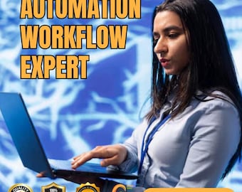 Puede incluir: Una mujer trabajando en una computadora portátil con un fondo azul. El texto "AUTOMATION WORKFLOW EXPERT" se muestra en amarillo en la parte superior de la imagen. Hay tres insignias en la parte inferior de la imagen que dicen "100% CALIDAD GARANTIZADA", "100% SATISFACCIÓN GARANTIZADA" y "100% DINERO DEVOLUCIÓN GARANTIZADA". El texto "¡ORDENAR AHORA!" se muestra en blanco sobre un fondo rojo en la parte inferior derecha de la imagen.