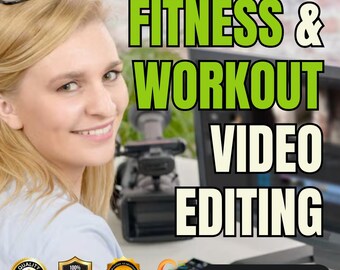 Op de afbeelding: Een vrouw glimlacht voor een computerscherm met de tekst "FITNESS & WORKOUT VIDEO EDITING" in groen en wit. De afbeelding bevat een videocamera en de woorden "ORDER NOW!" onderaan.
