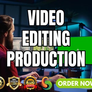 May include: A person working on a video editing project in a home studio. The person is sitting in front of a computer with a green screen monitor. The text "VIDEO EDITING PRODUCTION" is displayed in large white letters. The text "ORDER NOW!" is displayed in a red button. Three badges are displayed with the text "100% QUALITY GUARANTEE", "100% SATISFACTION GUARANTEED", and "100% MONEY BACK GUARANTEED".
