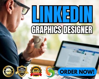 Puede incluir: Un hombre está trabajando en un ordenador portátil con el texto "LINKEDIN GRAPHICS DESIGNER" y "ORDER NOW!" en la pantalla. Hay cuatro insignias en la mesa con el texto "100% QUALITY GUARANTEED", "100% SATISFACTION GUARANTEED", "100% MONEY BACK GUARANTEED" y "DESIGN GURU".
