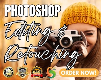 May include: A woman wearing a yellow knit hat and brown leather gloves holds a vintage camera in front of a blurred background of fall foliage. The text "PHOTOSHOP Editing & Retouching" is in large, bold letters at the top of the image.  Three badges with the text "100% Guaranteed" are at the bottom of the image. The text "ORDER NOW!" is in large, bold letters at the bottom right of the image.