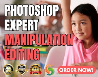 May include: A colorful graphic with the text "PHOTOSHOP EXPERT MANIPULATION EDITING" in large, bold letters. The graphic also includes three circular seals with the text "100% GUARANTEED" and a logo with the letter "S" in a swirl design. The text "ORDER NOW!" is also included in the graphic.