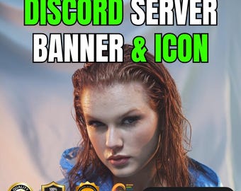 May include: A digital graphic featuring the text DISCORD SERVER BANNER & ICON in bold green and white letters. Below, a person with wet hair wears a blue hooded jacket. Includes three gold 100% satisfaction badges and an ORDER NOW button.