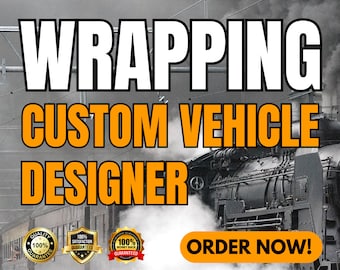 May include: A graphic design for a custom vehicle wrapping service. The image features a large steam locomotive with smoke billowing from the engine. The text "WRAPPING CUSTOM VEHICLE DESIGNER" is in large white letters on a black background. The text "ORDER NOW!" is in orange letters on a red button.
