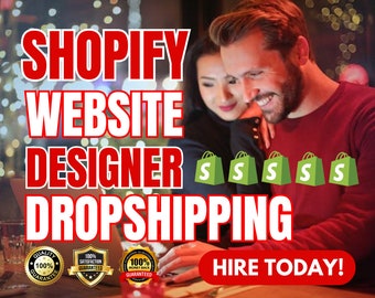 May include: A red and white graphic with the text "SHOPIFY WEBSITE DESIGNER DROPSHIPPING" and the text "HIRE TODAY!"  Three red and white quality guarantee badges are at the bottom of the graphic.  Five green shopping bags with the letter "S" are in the middle of the graphic.