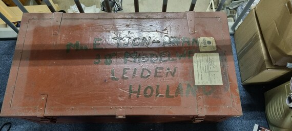 Huge old vintage wooden luggage trunk with an woo… - image 1