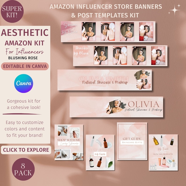 Amazon Influencer Store Kit, rozenbanner en -berichten, canvasjabloon (digitale download) afbeelding 1