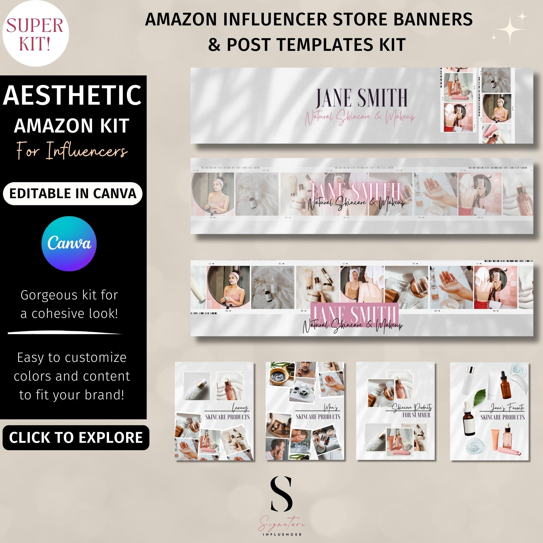Kit of Amazon influencer store banner and associate products display posts, Canva template, Amazon posts template, Store kit setup, Set of 7