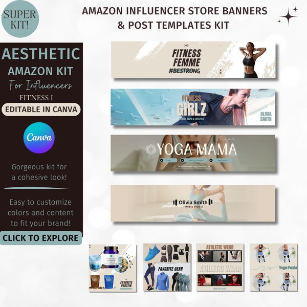 Kit van Amazon influencer winkelbanner en bijbehorende producten display posts, Canva-sjabloon, Amazon posts-sjabloon, Store kit setup, Set van 8