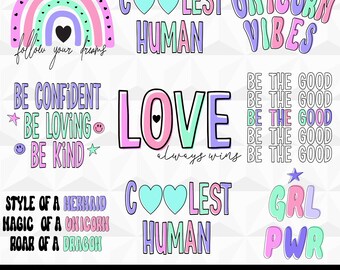 Puede incluir: Una colección de diez diseños SVG y PNG coloridos con citas y frases inspiradoras. Los diseños incluyen "follow your dreams", "Coolest Human", "Unicorn Vibes", "Love always wins" y "GRL PWR".