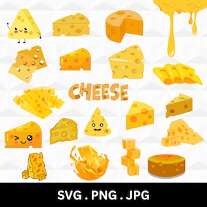 May include: A collection of yellow cheese illustrations in various shapes and sizes, including a smiling cheese wedge, a block of cheese with holes, and a cheese wheel. The word "CHEESE" is written in yellow letters with a white outline. The text "SVG. PNG. JPG" is written in black letters at the bottom of the image.