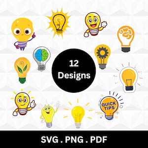 Pode incluir: Doze designs diferentes de ilustrações de lâmpadas. As lâmpadas são amarelas com uma variedade de expressões e detalhes, incluindo uma engrenagem, uma folha e um cérebro. O texto "12 Designs" está em um círculo preto. O texto "SVG. PNG. PDF" está na parte inferior da imagem.