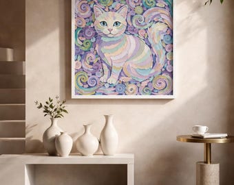 Fantazyjny pastelowy wydruk artystyczny z kotem | Tęczowy wystrój pokoju dziecięcego z kotkiem