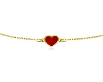 Red Enamel Heart Bracelet in 14 Karat Gold , Handcrafted Gold Heart Bracelet
