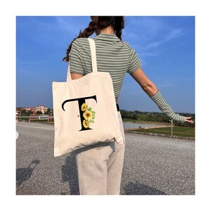 Letter Personalized Initial Canvas Tote Bag Floral Letter Bag Tote Bag for Women