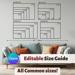 Guida alle dimensioni delle opere da parete orizzontali / Dimensioni delle tele orizzontali / Tabella delle taglie in cm pollici / Mockup delle dimensioni delle opere da parete / Dimensioni del rapporto orizzontale, Canva modificabile