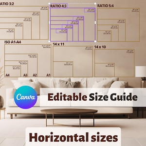 Guía de tamaños de arte de pared horizontal / Tamaños de lienzo horizontal / Tabla de tamaños en cm / Maqueta de tamaño de arte de pared / Tamaños de relación horizontal, Canva editable