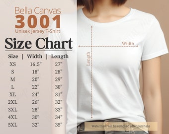 Bella Canvas 3001 Size Chart Mockup: Unisex Jersey T-Shirt (JPEG)