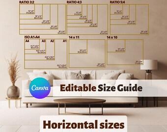 Horizontal Wall Art Size Guide | Horizontal canvas sizes | cm inch Size Chart | Wallart Size Mockup | Horizontal Ratio Sizes, Canva Editable