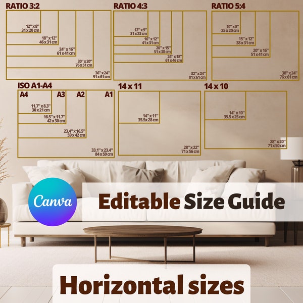 Horizontal Wall Art Size Guide | Horizontal canvas sizes | cm inch Size Chart | Wallart Size Mockup | Horizontal Ratio Sizes, Canva Editable