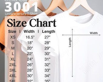 Bella Canvas 3001 Size Chart Unisex Jersey T-Shirt | 3001 Mockup Size Chart | Bella Canvas Size Chart Mockup | bella 3001 mockup size chart