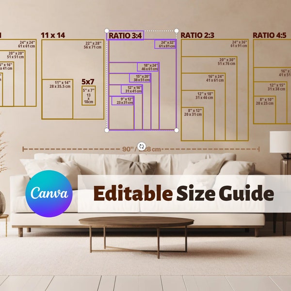 Wall Art Size Guide | Frame Size Guide | Print Size Guide | Poster Size Chart | Wallart Size Mockup | Vertical Art Size Guide | Editable