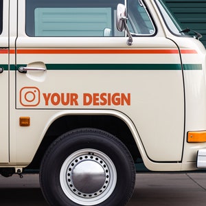 May include: A white vintage van with a green and orange stripe along the side. The van has a sticker with the text "YOUR DESIGN" and an Instagram logo.