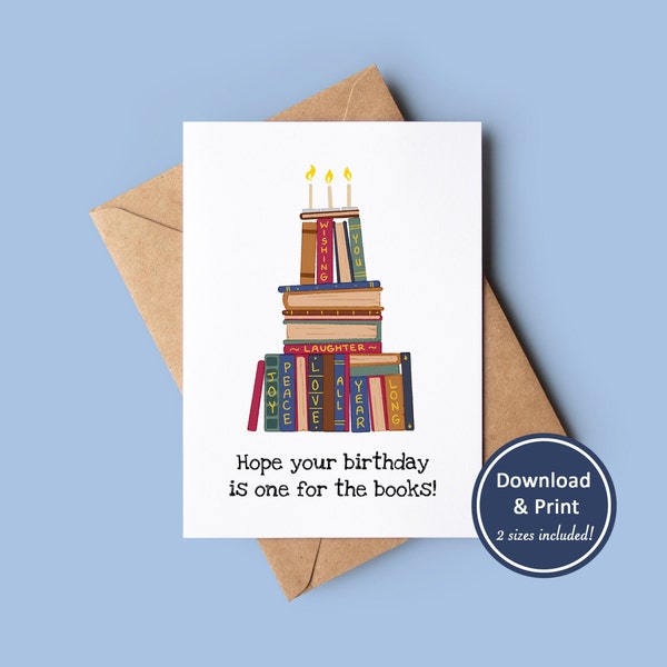 Printable Book Cake Birthday Card | Digital Greeting Card | Instant Download