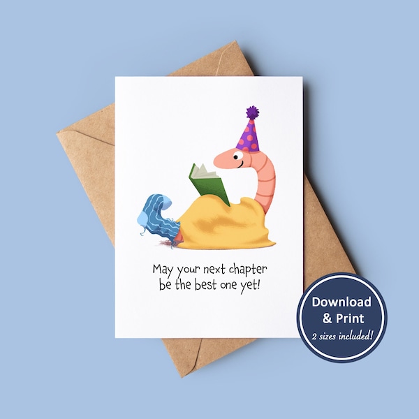 Printable Bookworm Birthday Card | Digital Greeting Card | Instant Download