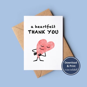 Tarjeta de agradecimiento de corazón imprimible / Tarjeta de felicitación digital / Descarga instantánea
