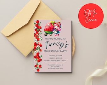 Invitación de cumpleaños de Tarta de Fresa, Plantilla de invitación de cumpleaños de fresa, Tema de fiesta imprimible editable de cumpleaños de fresa dulce