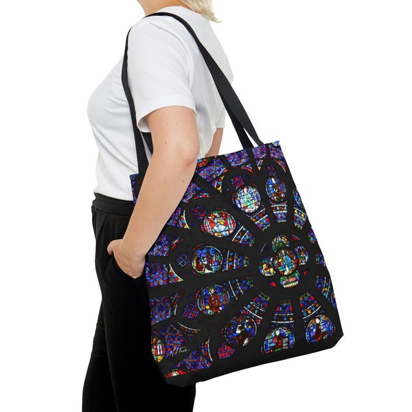 Tote Bag of stained glass rosette window in Notre Dame Cathedral, Paris, France. It makes a great shopping bag, grocery bag or shoulder bag.