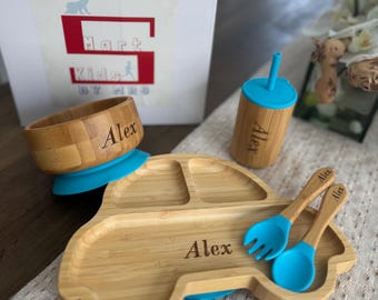 Personalized Car Shape Bamboo Baby Feeding Set | Custom Name Toddler Plate with Suction Bowl | Baby Led Weaning Dinnerware | Eco Friendly