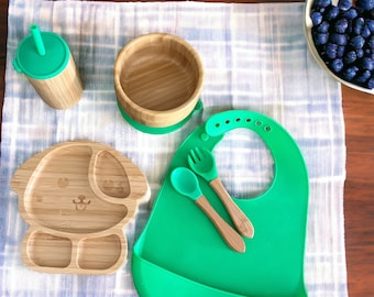 Baby Feeding Set Bamboo Dinnerware for Babies and Toddlers Baby Suction bowl & plates Gender Reveal gift Baby Weaning Set Baby Shower gift