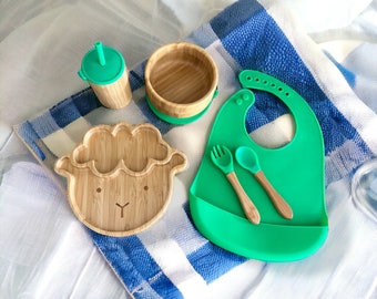 Sheep Shape Bamboo Baby Plate, Personalized Toddler Feeding Set, Baby Led Weaning Suction Plate, Custom Name Baby Gift