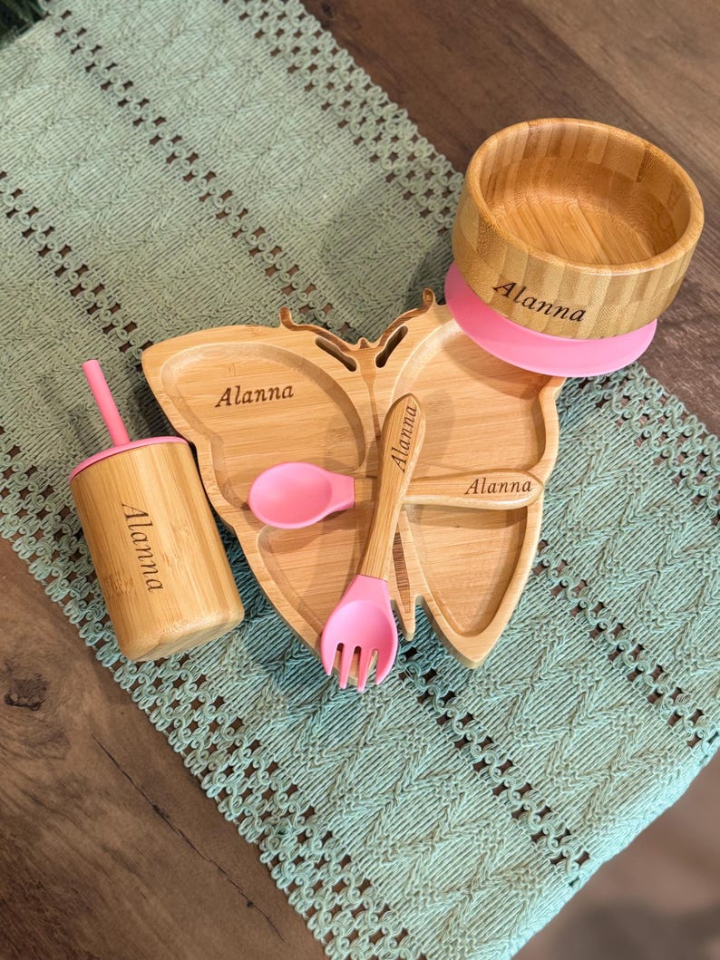 Personalized Butterfly Bamboo Baby Feeding Set Suction Plate, Bowl, Cup and Bib Baby Girl Weaning Gift Toddler Mealtime Set BPA-Free