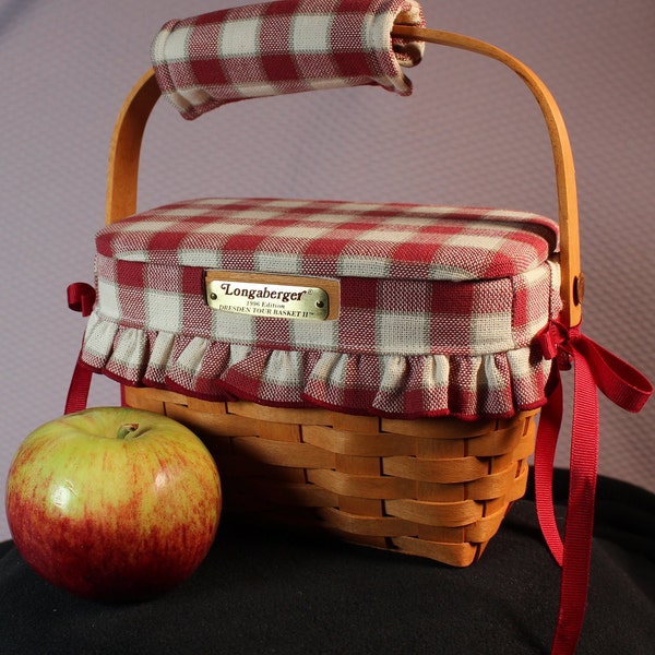 NEW* Longaberger 1996 Dresden Tour Basket II includes Red Plaid Liner, Handle Cover, Fabric Covered Wooden Lid