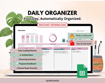 Daily Planner and Organizer, Task Tracker, Productivity Dashboard - Google Sheets (Digital Download)