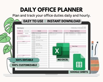 Office Daily Planner, Work Day Organizer, Employee Work Schedule, Daily Office Planner, To Do List Tracker, Task Tracker Spreadsheet