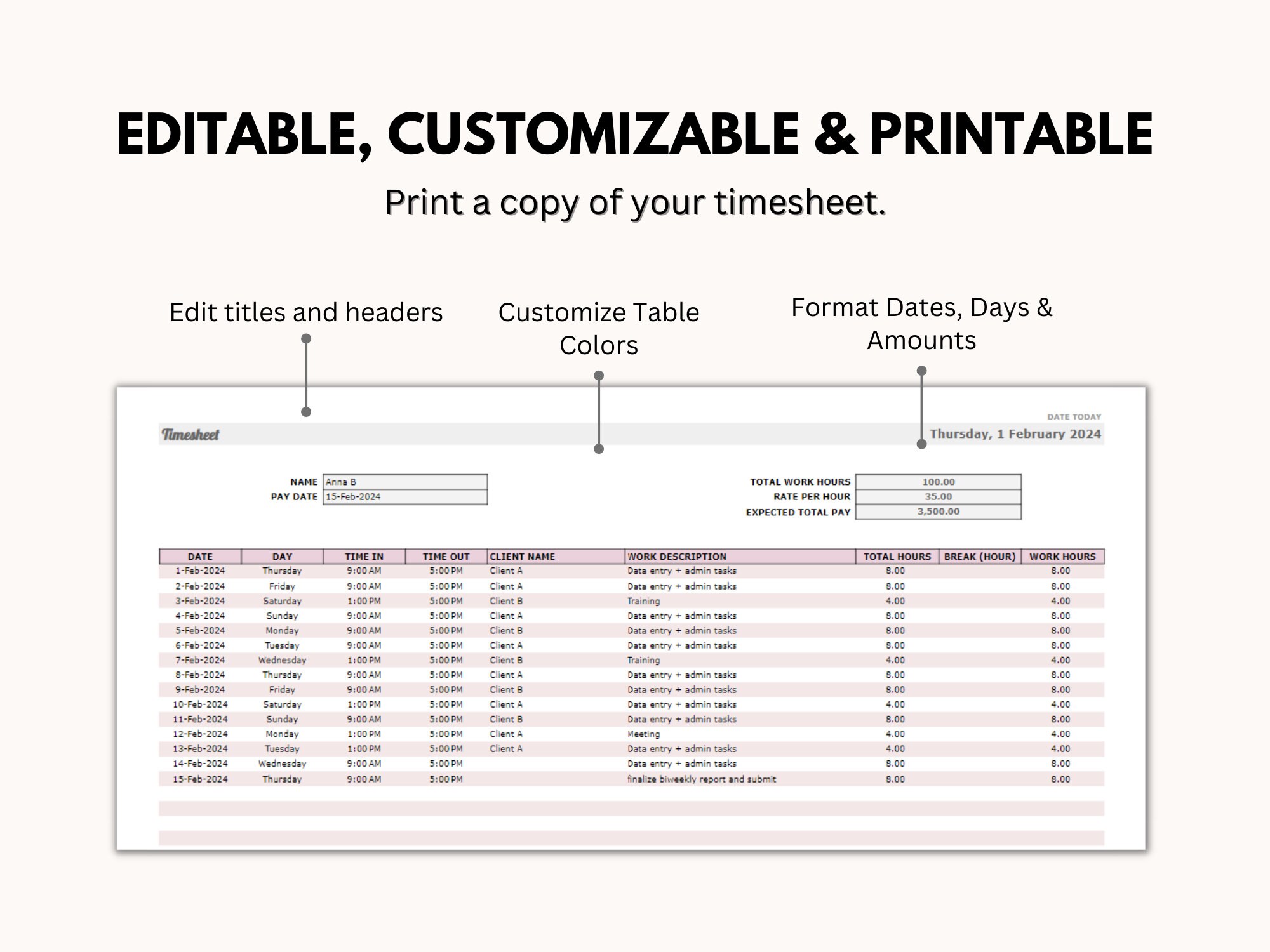 Weekly Timesheet, Clock in Clock Out Tracker, Employee Time Tracker, Freelancer Work Time